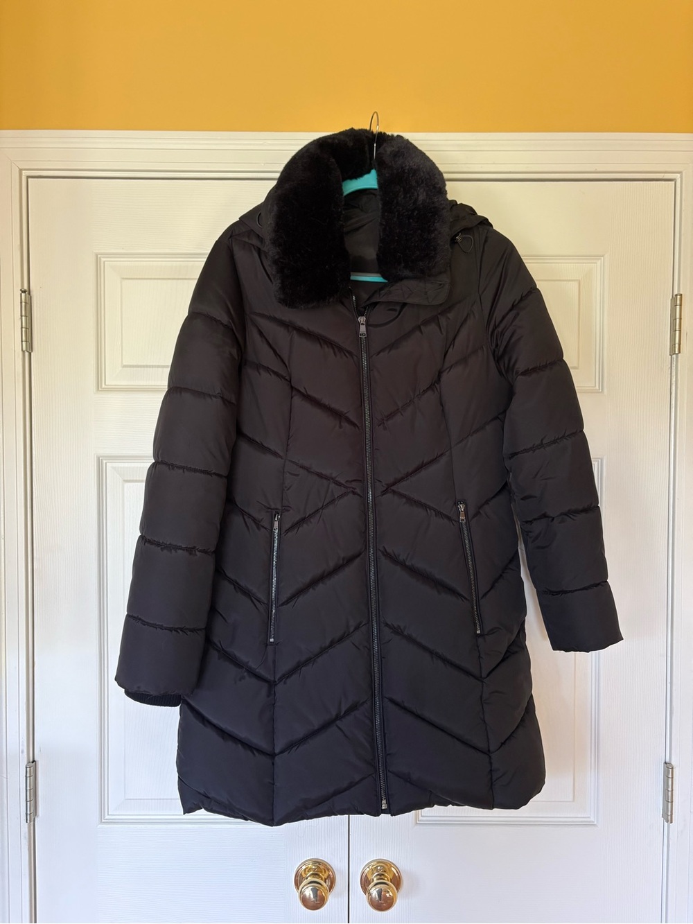 London Fog Black Quilted Puffer Coat with Faux Fur Collar